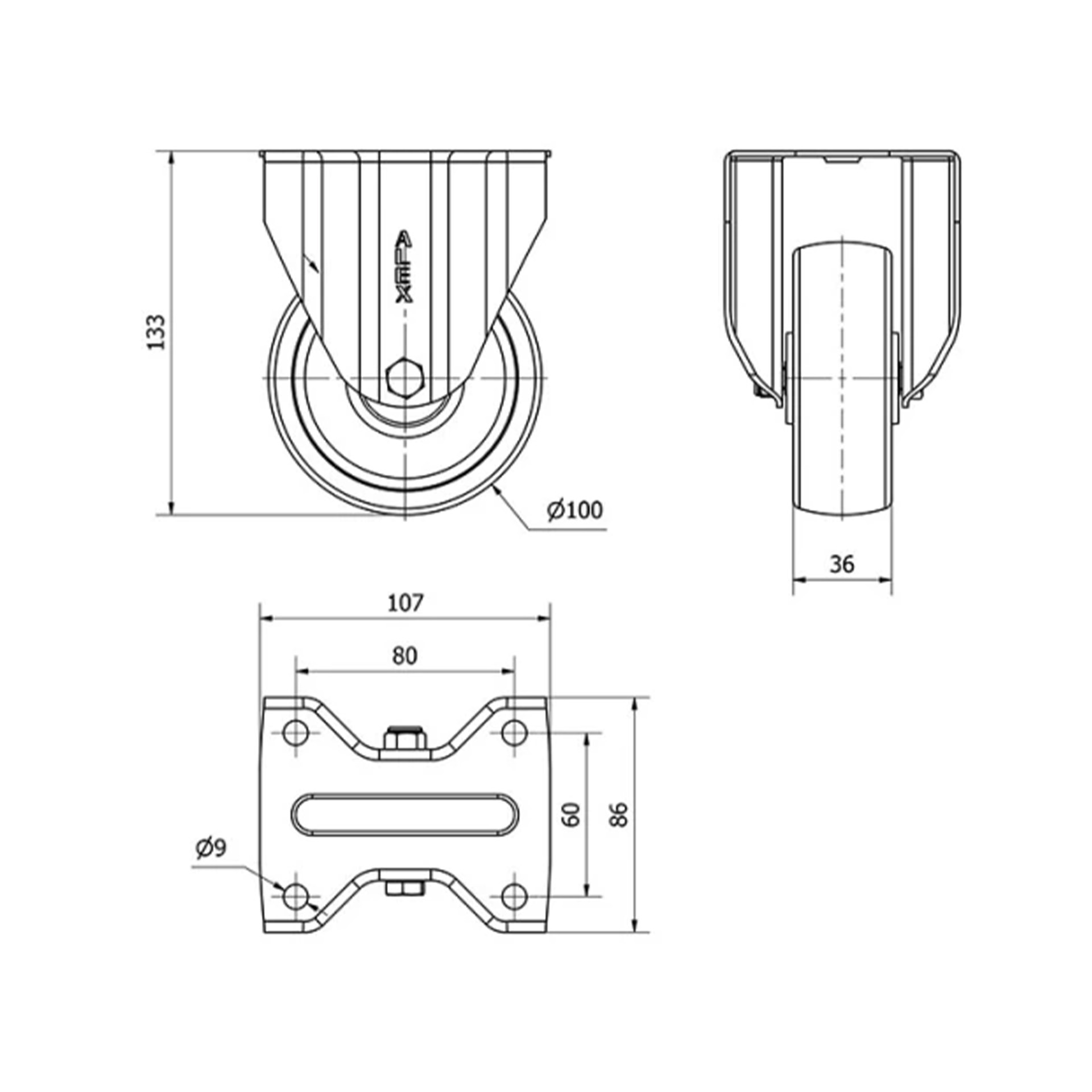 Rod�zio Fixo Poliamida 100mm 107x86mm 200Kg Alex