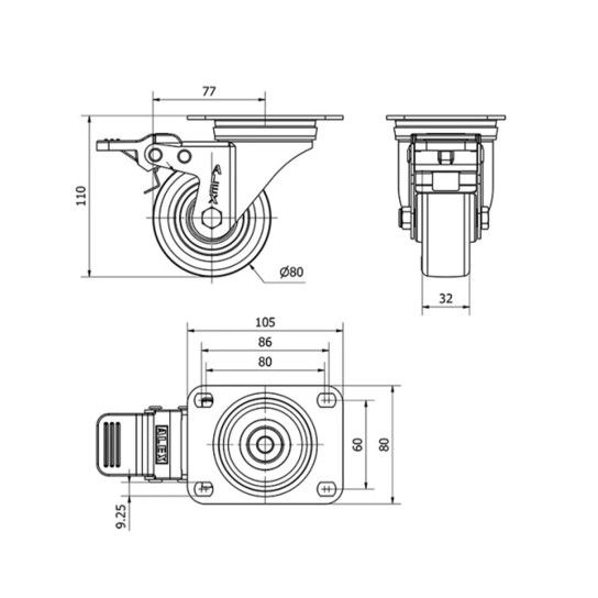 Rod�zio Girat�rio Poliuretano 80mm com Travao 105x80mm 100Kg Alex